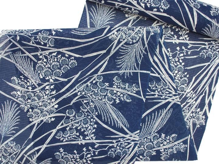 竺仙 綿紅梅長板本染中形(藍・芒に菊)- 染と織たかはしオンラインショップ