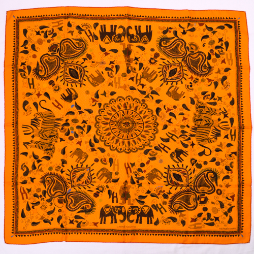【新品同様】 エルメス HERMES スカーフ カレ90 シルク CARRE KANTHA カレカンタ 象 ゾウ トラ H柄 動物 ヴィンテージ 大判  ショール レディース オレンジ ブラウン マルチカラー 【中古】rh129 | p.o.s.h. Online Store 楽天市場店