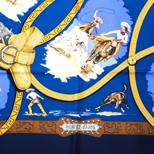 未使用 エルメス HERMES スカーフ カレ90 シルク CHARREADA チャレアーダ カウボーイ ウエスタン柄 ロデオ 帽子 馬柄 ショール  大判 レディース メンズ 青 紺 ブルー ネイビー イエロー rr00012 | p.o.s.h. Online Store 楽天市場店