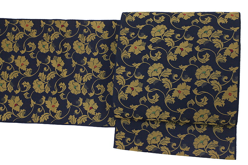 名古屋帯 博多織 博多帯 正絹 黒紺 菊 花唐草 本場筑前博多織 八寸 新品 お仕立て上がり 松葉仕立て 井上絹織 織の匠 金証紙 日本製 お洒落着  カジュアル 街着 浴衣 ゆかた 夏祭り 花火大会 粋 かっこいい おしゃれ レトロ 和装 着物 No.6-0907 | はつはなづき