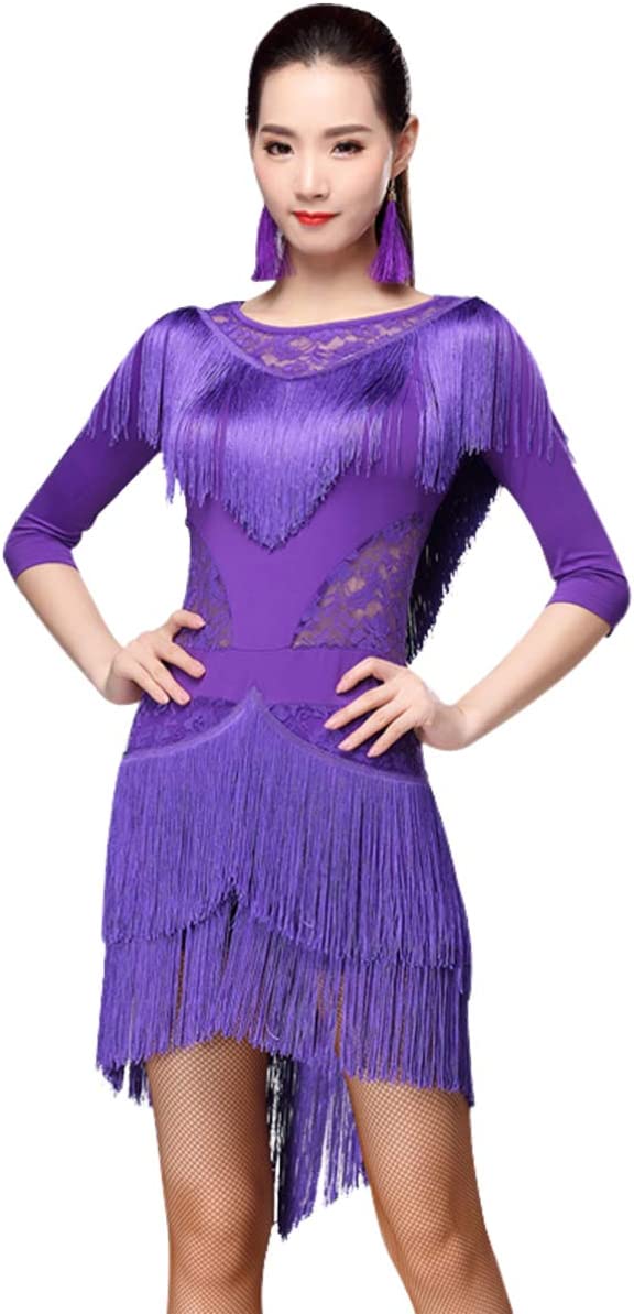Amazon.com: ZX Women's Latin Dance Dress Lace Neck 1/2 Sleeve High Low  Fringe Salsa Tango Cha Cha Rumba Ballroom Dance Dress with Shorts :  Clothing, 