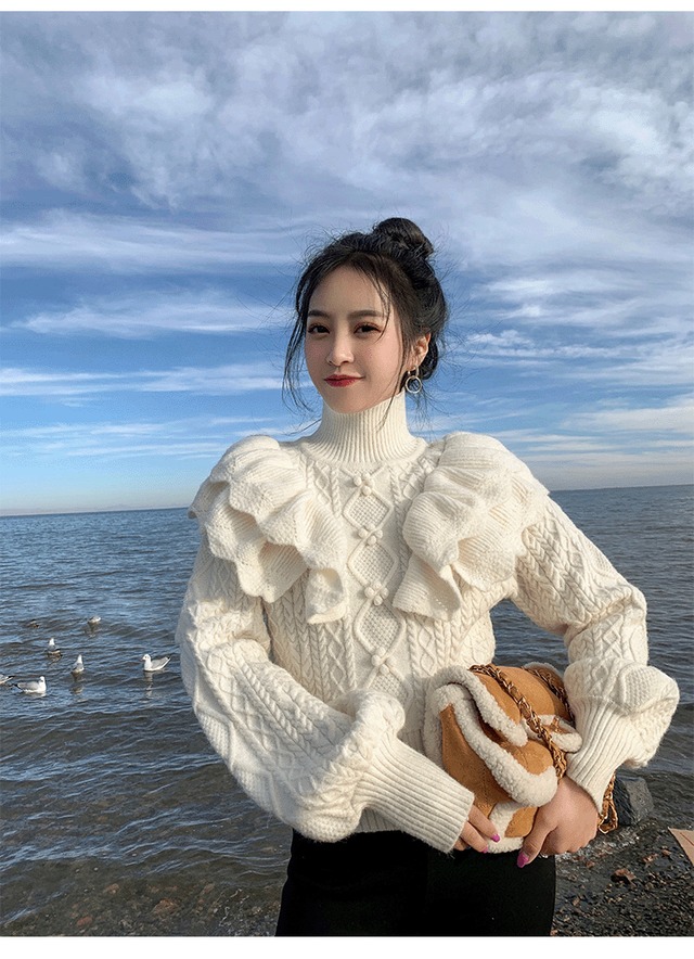 ガーリー♡ハイネックフリルニットトップス | loner select（ 韓国 