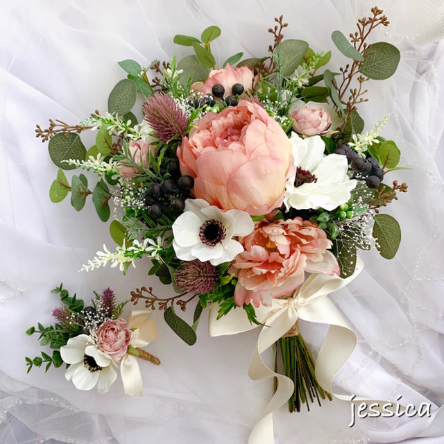 【限定1点】ブーケ&ブートニア❤︎2点set ♡アネモネ×くすみピンク♡ | フリマアプリ ラクマ