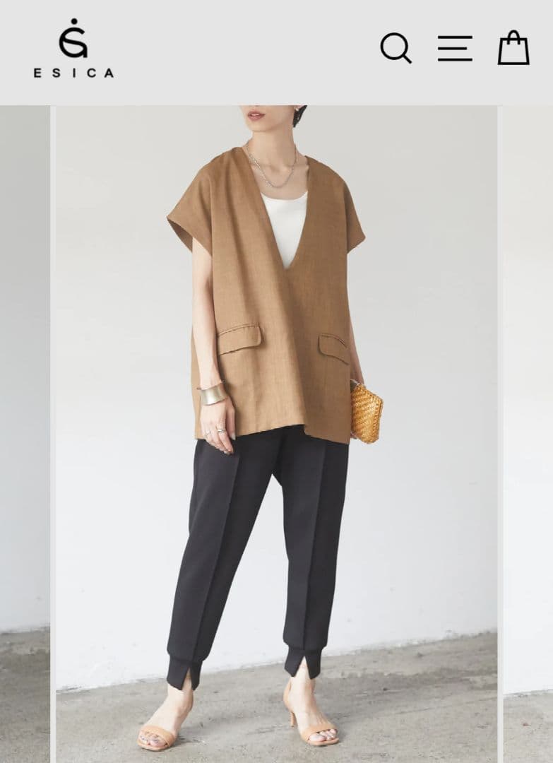 【売り切り御免！】
 ESICA【麻タッチ深Vネックプルオーバー+ライトダンボールジョガーパンツ シャツ/ブラウス(半袖/袖なし)