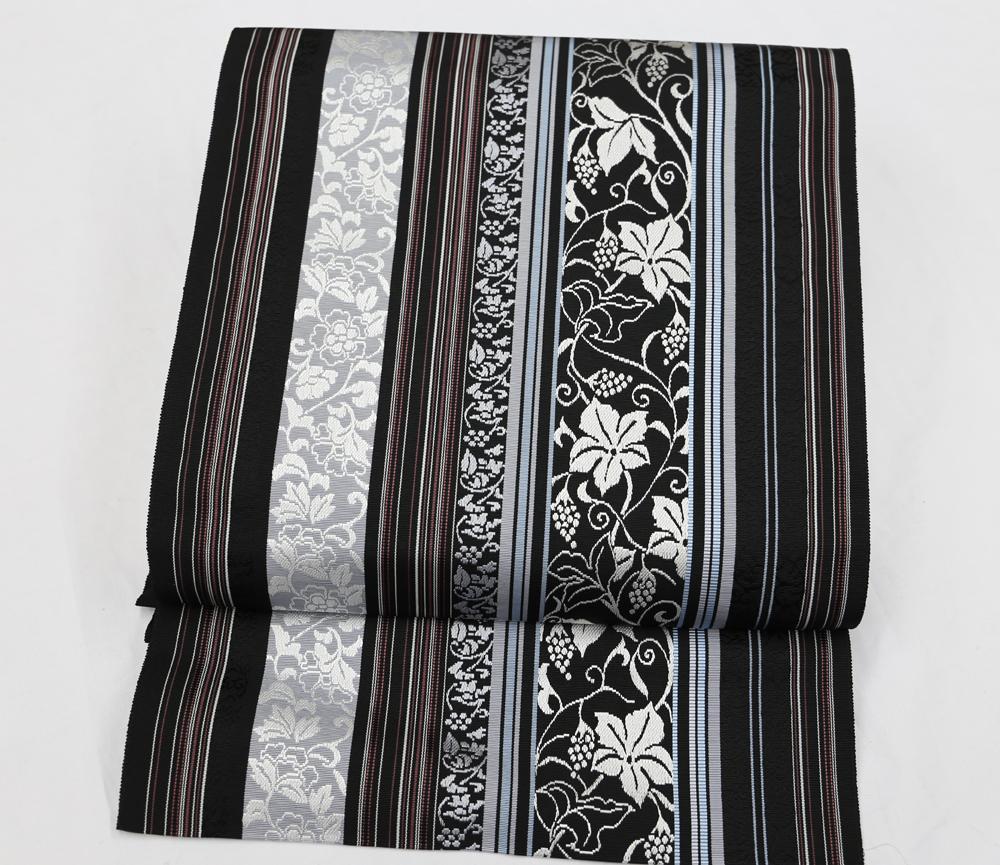 新品未仕立 博多帯 黒木織物 八寸名古屋帯 葡萄唐草柄 黒地 仕立代込