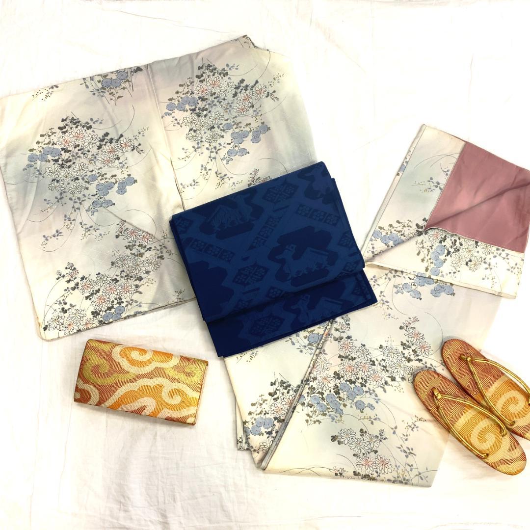 【感謝価格】
 【2140】着物 小紋 袷 正絹 菊 地紋入り 単品販売♪ 着物