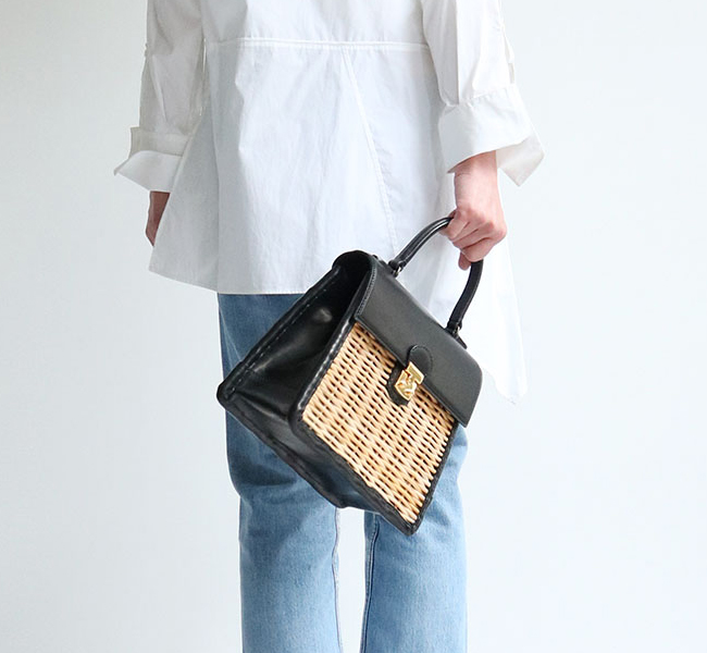 ebagos , 【22AW 予約】2022年12月下旬～2023年1月上旬頃入荷予定, カーフ・ハンドバッグ  M（かっちりバッグ/カーフケリー）カーフレザー×紅籐 BLACK, エバゴス