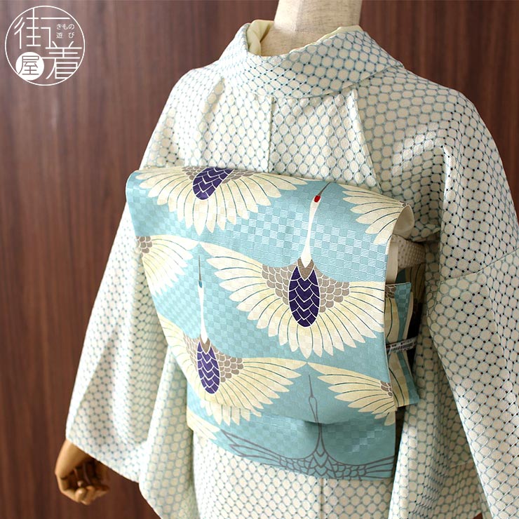 楽天市場】[ モードな帯 ] 正絹 一重太鼓 京袋帯 鶴紋様 (灰青) 日本製 